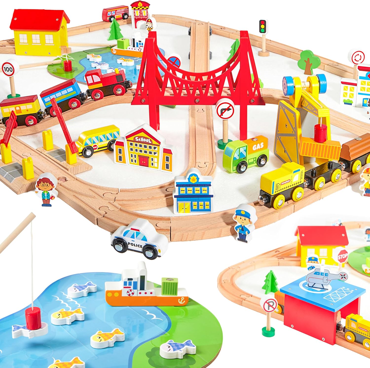 EduFun Wooden Train Set with Bridges and Tunnels (120 Pieces)