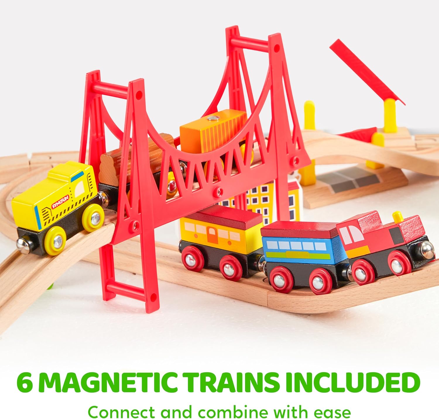 EduFun Wooden Train Set with Bridges and Tunnels (120 Pieces)