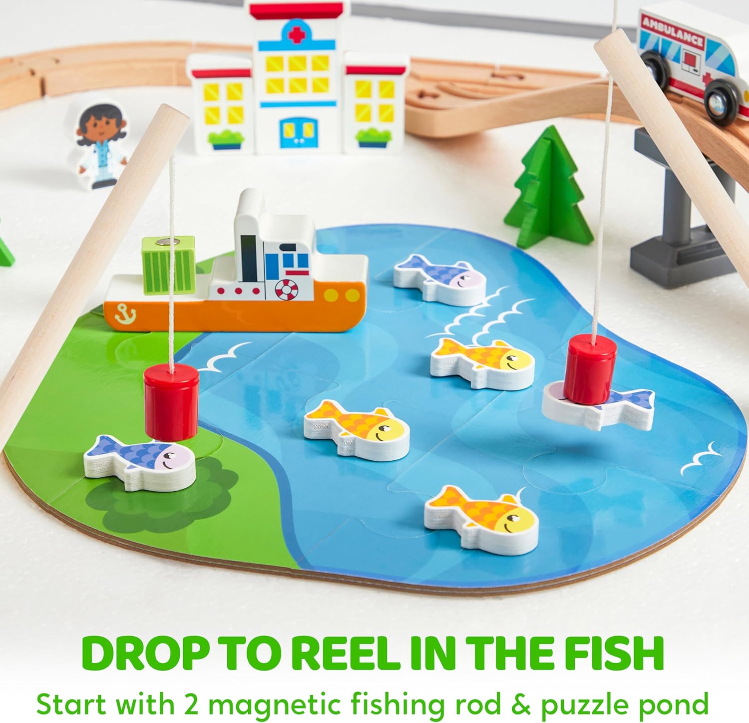 EduFun Wooden Train Set with Bridges and Tunnels (120 Pieces)