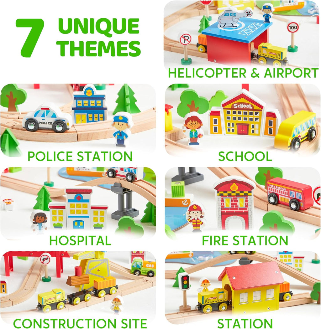 EduFun Wooden Train Set with Bridges and Tunnels (120 Pieces)